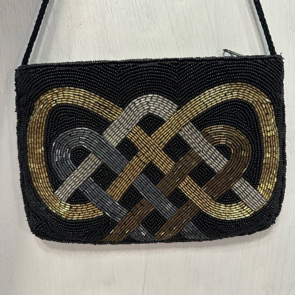Vintage Beaded Evening Bag Black Gold Silver Knot Pattern China Purse - Picture 5 of 8